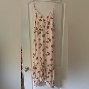 Lulu’s Catch Your Breeze White Floral Print Ruffled Midi Dress, Size L
